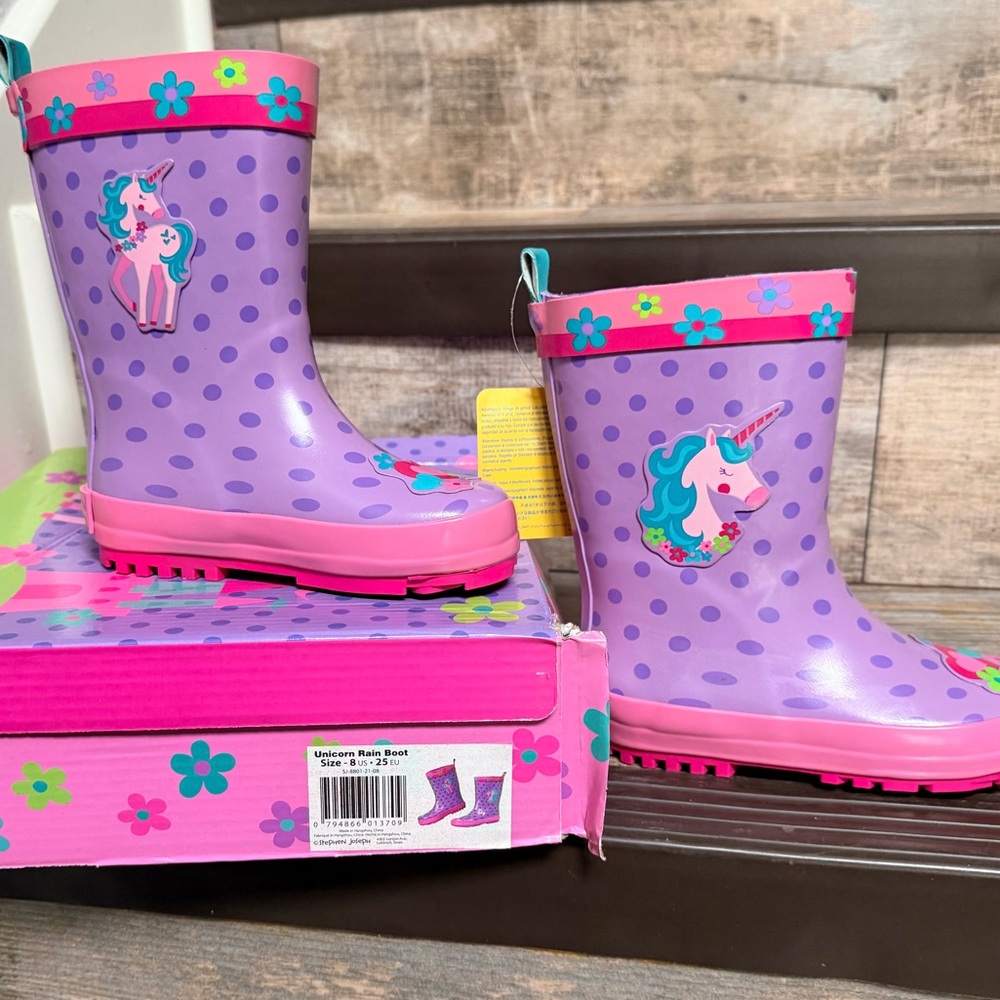 Stephen Joseph Size 8 Purple Unicorn Kids Rain Boots